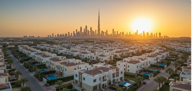 Aerial view of luxury Dubai villa community with private pools against the city skyline