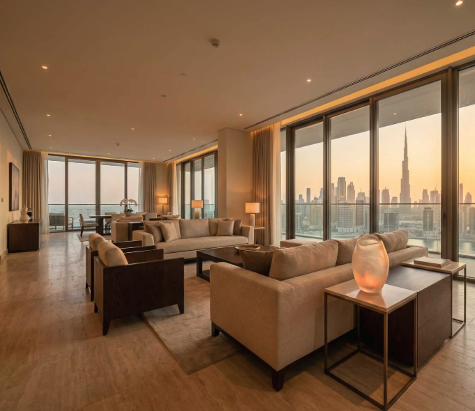 Refined penthouse interior with panoramic Dubai skyline views representing prime rentals